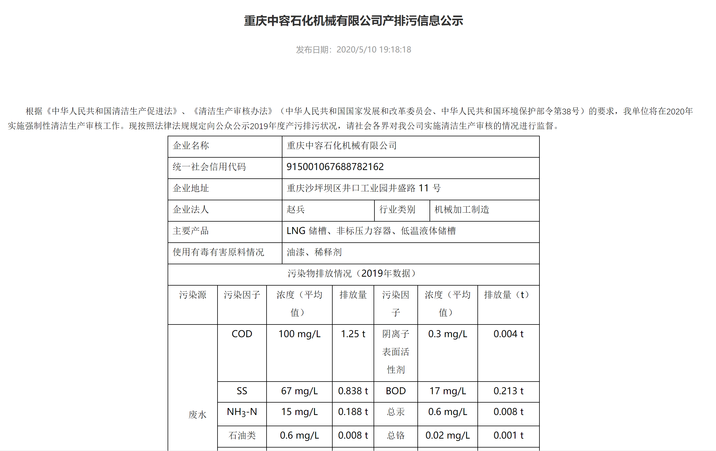重庆中容石化机械有限公司产排污信息公示